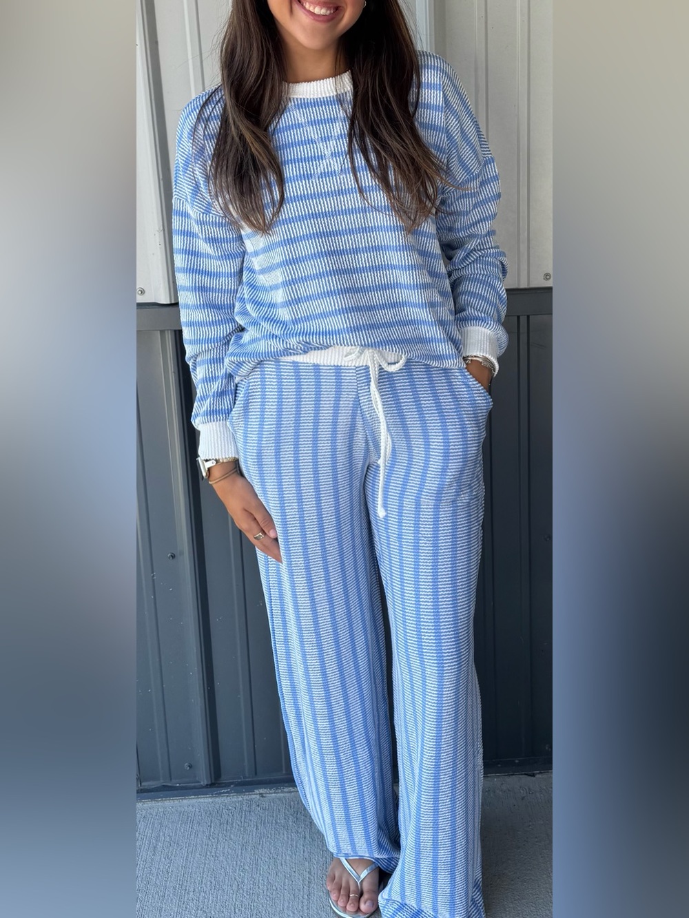 Zenana Outfitters Light Blue & White Striped Knit Crewneck Set
